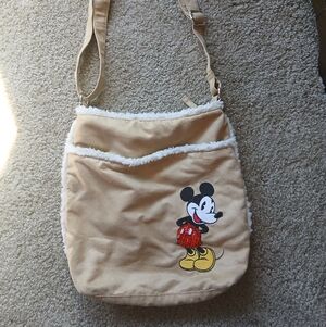 Beige Mickey Mouse Crossbody Bag with Faux Shearling Trim